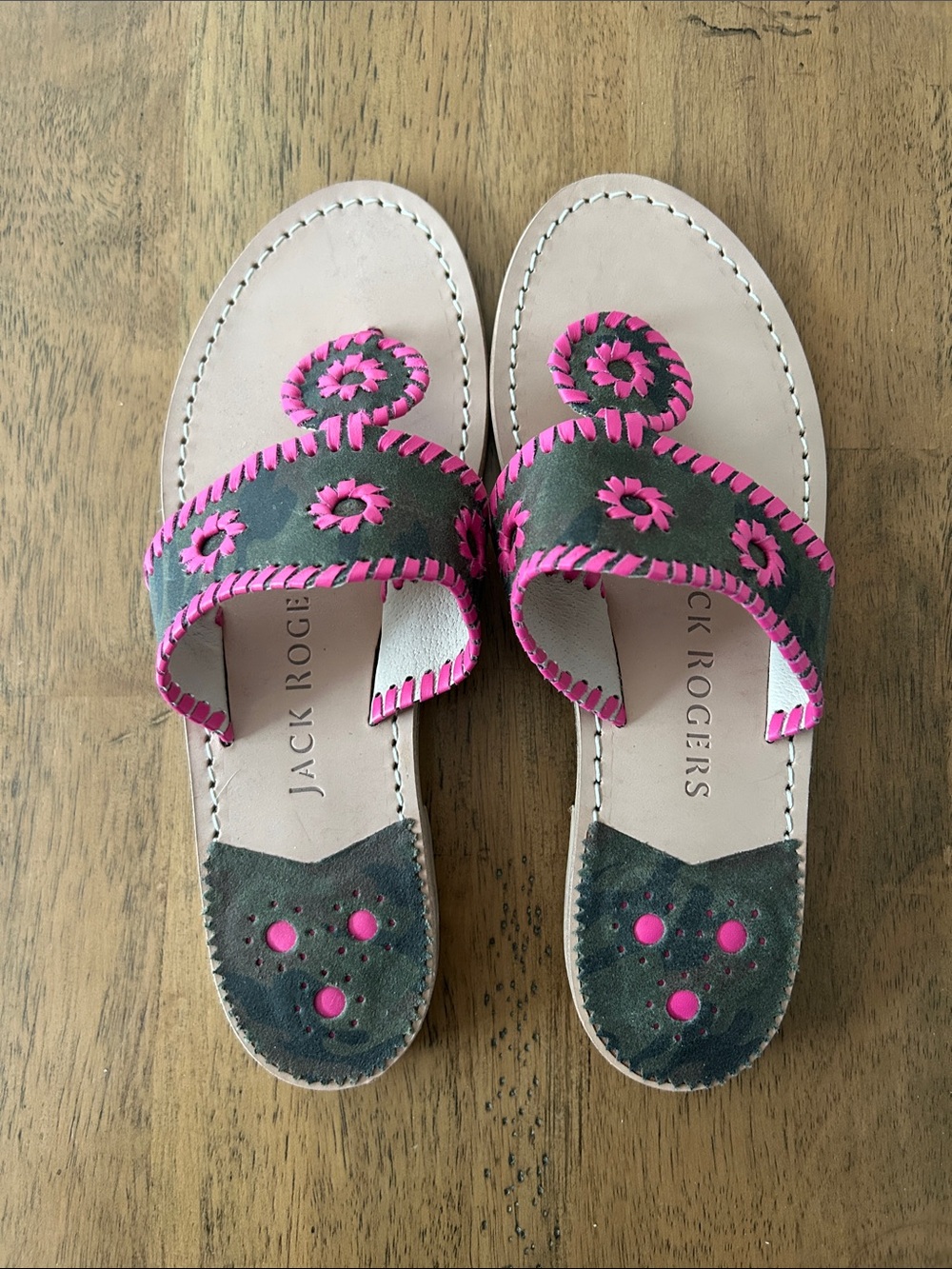 Jack Rogers Black Leather Sandals with Hot Pink Trim